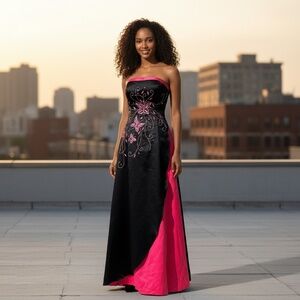 Vtg MORGAN & CO Black Pink Prom Dress Butterfly Beaded Y2K Formal Whimsigoth 7 8